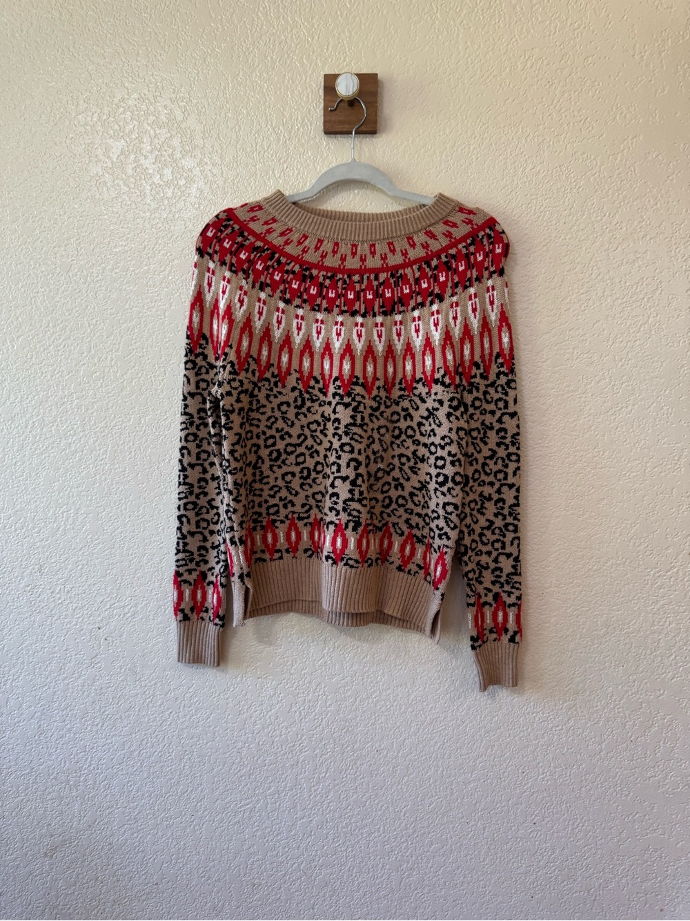 NWOT Charter Club Petite Fair Isle Leopard Print Holiday Crewneck Sweater PS